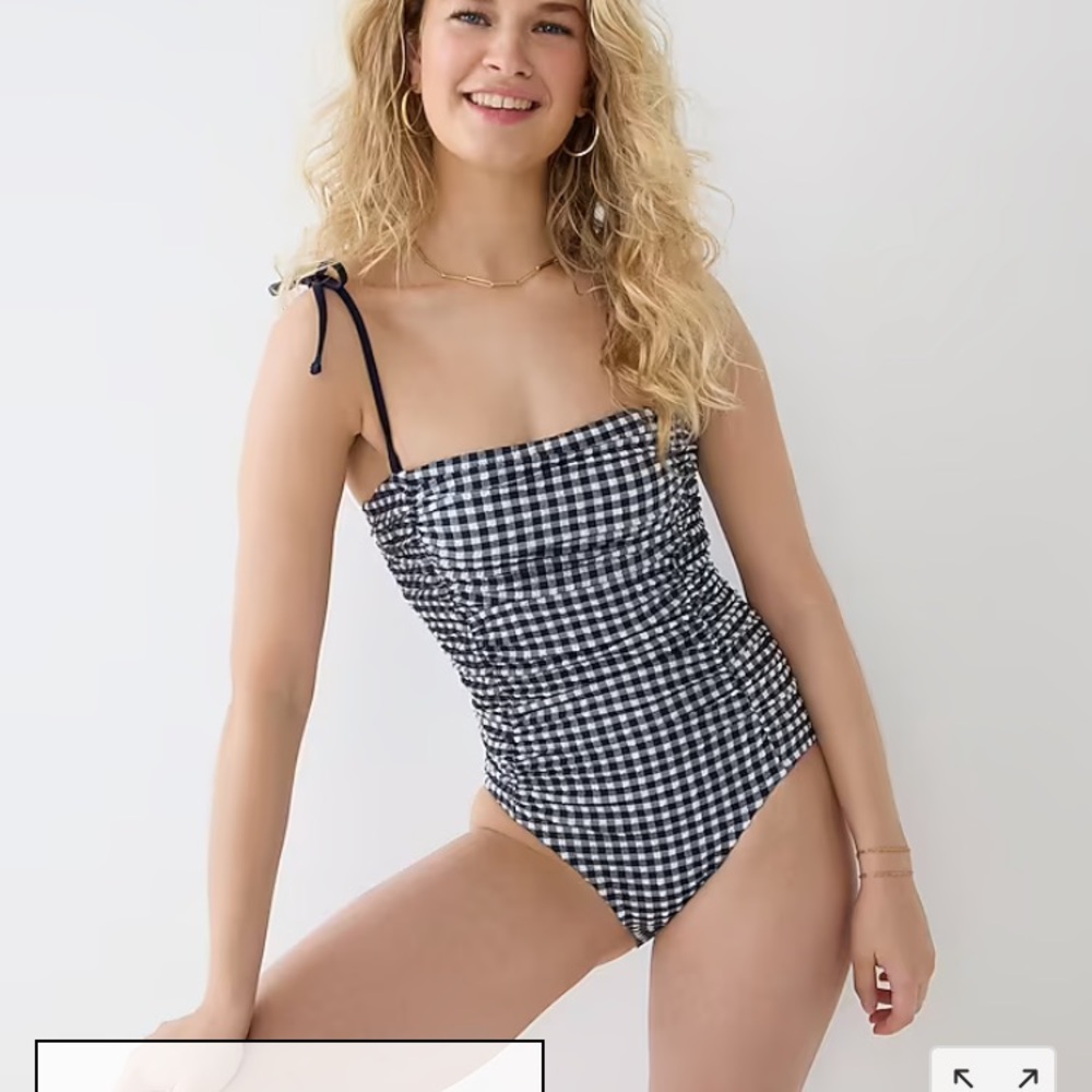 JCREW NWT one piece ruched tie shoulder swimsuit in black and white gingham!!